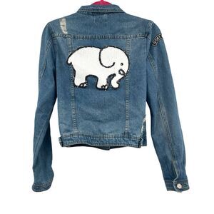 Ivory Ella Denim Jean Jacket - Size Small- Sequin Elephant Distressed